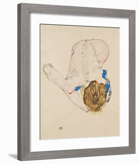 Nude with Blue Stockings, Bending Forward, 1912-Egon Schiele-Framed Premium Giclee Print