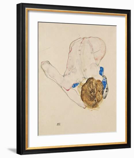 Nude with Blue Stockings, Bending Forward, 1912-Egon Schiele-Framed Premium Giclee Print