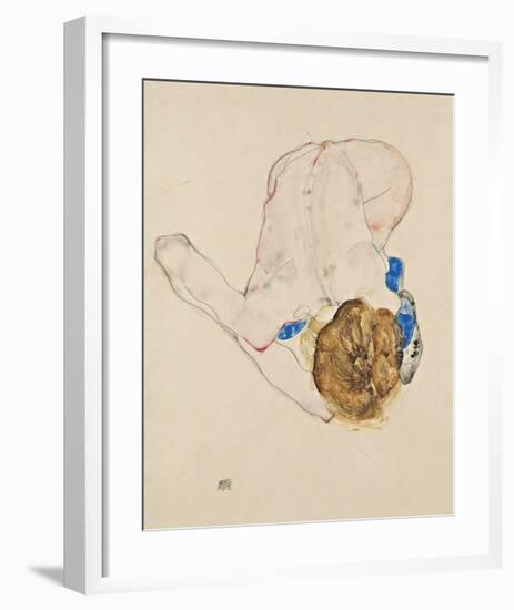 Nude with Blue Stockings, Bending Forward, 1912-Egon Schiele-Framed Premium Giclee Print