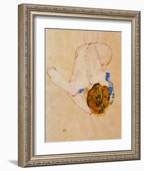 Nude with Blue Stockings Bending Forward, c.1912-Egon Schiele-Framed Art Print