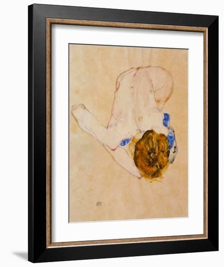 Nude with Blue Stockings Bending Forward, c.1912-Egon Schiele-Framed Art Print