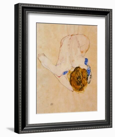 Nude with Blue Stockings Bending Forward, c.1912-Egon Schiele-Framed Art Print