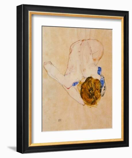 Nude with Blue Stockings Bending Forward, c.1912-Egon Schiele-Framed Art Print