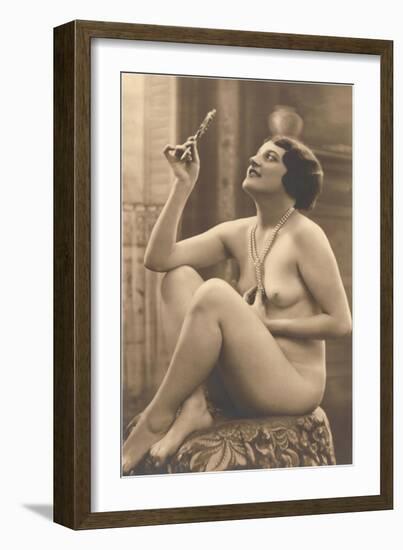 Nude Woman in Pearls with Small Mirror-null-Framed Art Print