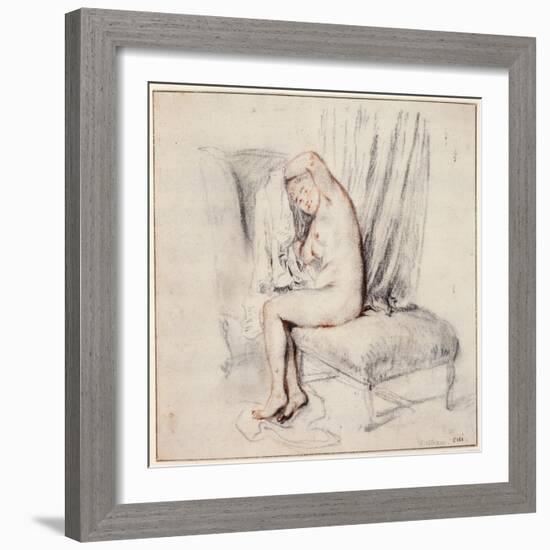 Nude Woman Sitting on a Chaise Longue, Putting on Her Shirt, 18th Century-Jean-Antoine Watteau-Framed Giclee Print