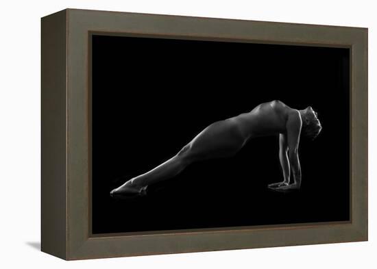 Nude woman with tattoos in yoga pose against black background-Panoramic Images-Framed Premier Image Canvas