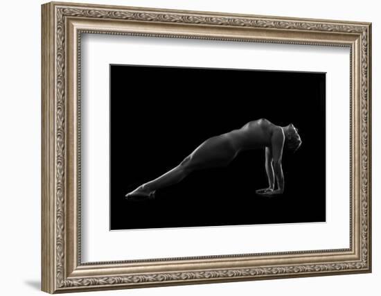 Nude woman with tattoos in yoga pose against black background-Panoramic Images-Framed Photographic Print