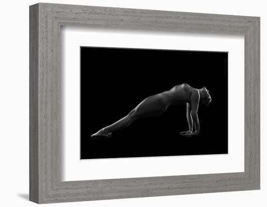 Nude woman with tattoos in yoga pose against black background-Panoramic Images-Framed Photographic Print