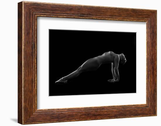 Nude woman with tattoos in yoga pose against black background-Panoramic Images-Framed Photographic Print