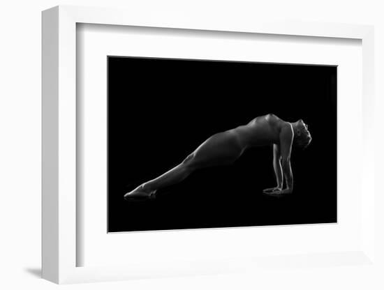 Nude woman with tattoos in yoga pose against black background-Panoramic Images-Framed Photographic Print