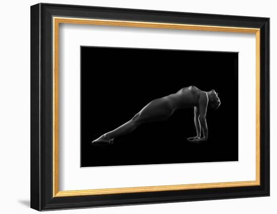 Nude woman with tattoos in yoga pose against black background-Panoramic Images-Framed Photographic Print