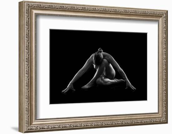 Nude woman with tattoos in yoga pose against black background-Panoramic Images-Framed Photographic Print