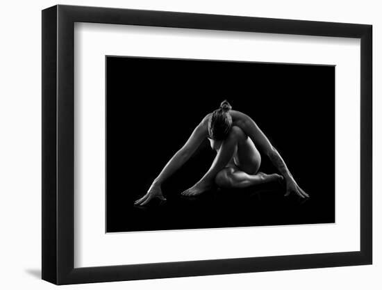 Nude woman with tattoos in yoga pose against black background-Panoramic Images-Framed Photographic Print