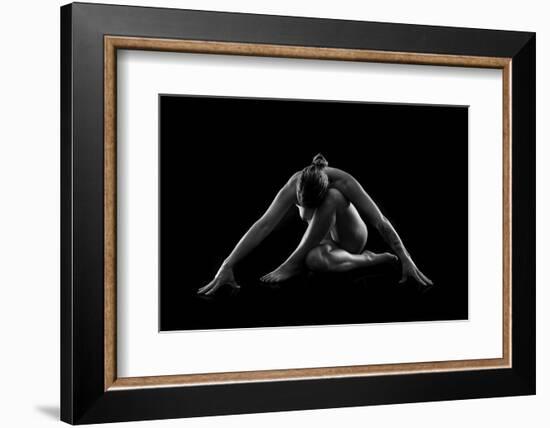 Nude woman with tattoos in yoga pose against black background-Panoramic Images-Framed Photographic Print