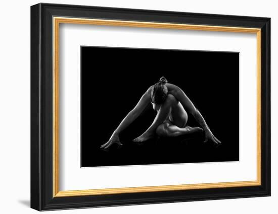 Nude woman with tattoos in yoga pose against black background-Panoramic Images-Framed Photographic Print