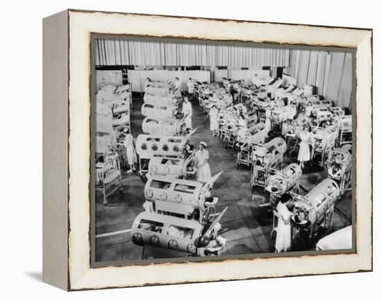 Nurse Attend to a Room Full of Polio Patients in Iron Lung Respirators-null-Framed Stretched Canvas