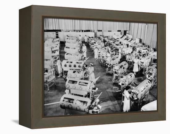 Nurse Attend to a Room Full of Polio Patients in Iron Lung Respirators-null-Framed Stretched Canvas