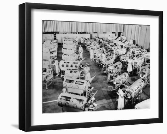 Nurse Attend to a Room Full of Polio Patients in Iron Lung Respirators-null-Framed Photo