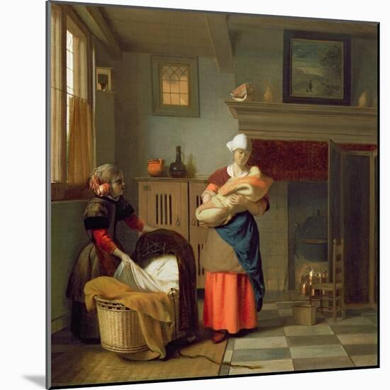 Nursemaid with Baby in an Interior and a Young Girl Preparing the Cradle-Pieter de Hooch-Mounted Giclee Print