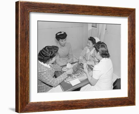 Nurses Aiko Hamaguchi, Chiye Yamanaki, Catherine Yamaguchi, and Kazoko Nagahama playing bridge-Ansel Adams-Framed Photographic Print