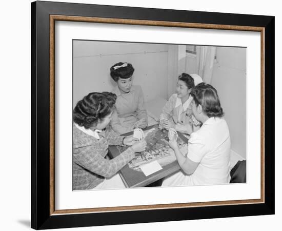 Nurses Aiko Hamaguchi, Chiye Yamanaki, Catherine Yamaguchi, and Kazoko Nagahama playing bridge-Ansel Adams-Framed Photographic Print