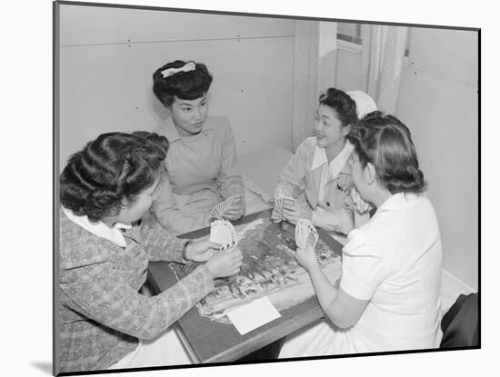 Nurses Aiko Hamaguchi, Chiye Yamanaki, Catherine Yamaguchi, and Kazoko Nagahama playing bridge-Ansel Adams-Mounted Photographic Print