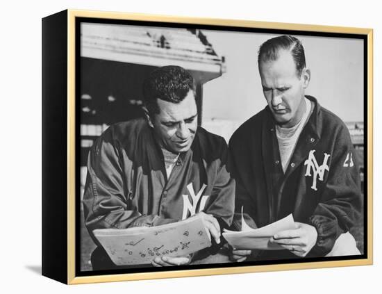 Ny Giants Coaches, Tom Landry and Vince Lombardi Reviewing Play Charts-null-Framed Stretched Canvas