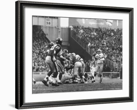 Ny Giants in Dark Jerseys, in a Football Game Against the Green Bay Packers at Yankee Stadium-John Loengard-Framed Premium Photographic Print