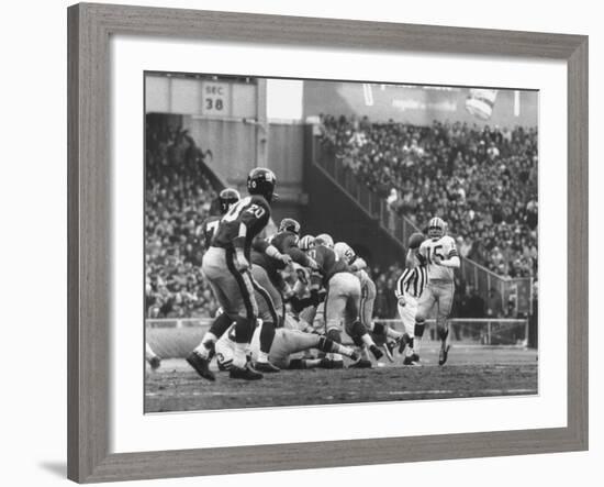 Ny Giants in Dark Jerseys, in a Football Game Against the Green Bay Packers at Yankee Stadium-John Loengard-Framed Premium Photographic Print