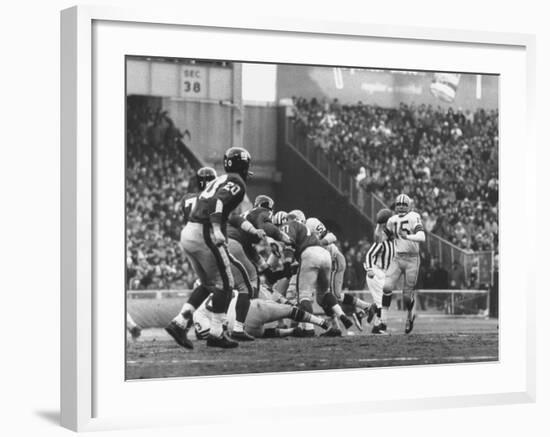 Ny Giants in Dark Jerseys, in a Football Game Against the Green Bay Packers at Yankee Stadium-John Loengard-Framed Premium Photographic Print