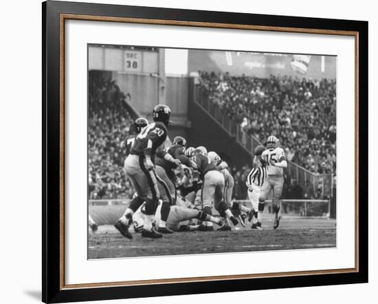 Ny Giants in Dark Jerseys, in a Football Game Against the Green Bay Packers at Yankee Stadium-John Loengard-Framed Premium Photographic Print