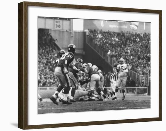 Ny Giants in Dark Jerseys, in a Football Game Against the Green Bay Packers at Yankee Stadium-John Loengard-Framed Premium Photographic Print