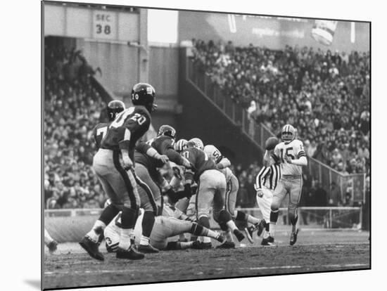 Ny Giants in Dark Jerseys, in a Football Game Against the Green Bay Packers at Yankee Stadium-John Loengard-Mounted Premium Photographic Print