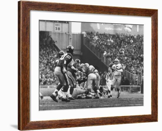 Ny Giants in Dark Jerseys, in a Football Game Against the Green Bay Packers at Yankee Stadium-John Loengard-Framed Premium Photographic Print