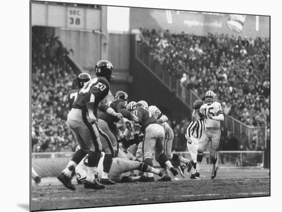 Ny Giants in Dark Jerseys, in a Football Game Against the Green Bay Packers at Yankee Stadium-John Loengard-Mounted Premium Photographic Print