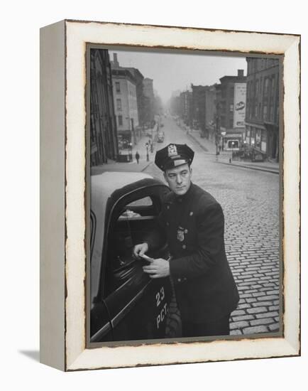 Ny Patrolman James Murphy Standing by His 23 Precinct Squad Car on Street of His East Harlem Beat-Tony Linck-Framed Premier Image Canvas