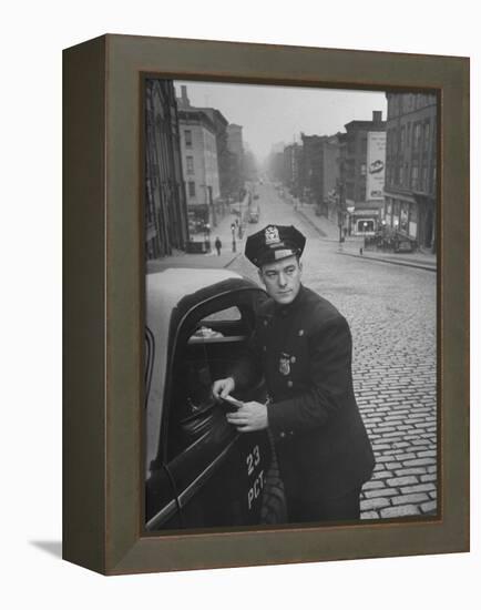 Ny Patrolman James Murphy Standing by His 23 Precinct Squad Car on Street of His East Harlem Beat-Tony Linck-Framed Premier Image Canvas