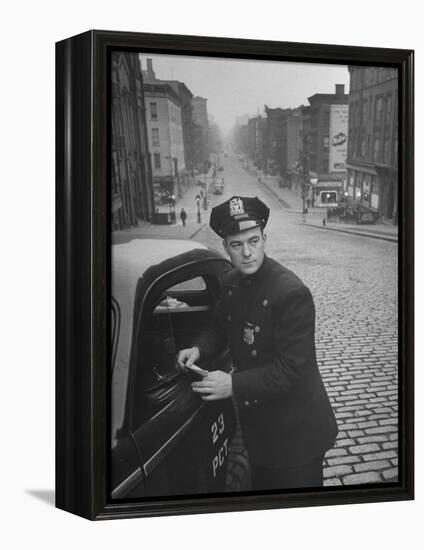 Ny Patrolman James Murphy Standing by His 23 Precinct Squad Car on Street of His East Harlem Beat-Tony Linck-Framed Premier Image Canvas