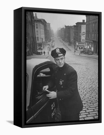 Ny Patrolman James Murphy Standing by His 23 Precinct Squad Car on Street of His East Harlem Beat-Tony Linck-Framed Premier Image Canvas