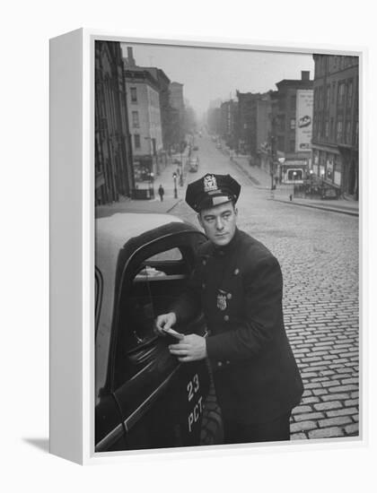 Ny Patrolman James Murphy Standing by His 23 Precinct Squad Car on Street of His East Harlem Beat-Tony Linck-Framed Premier Image Canvas