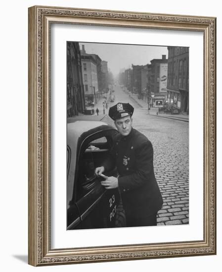 Ny Patrolman James Murphy Standing by His 23 Precinct Squad Car on Street of His East Harlem Beat-Tony Linck-Framed Photographic Print