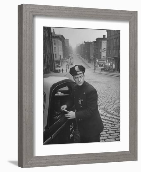 Ny Patrolman James Murphy Standing by His 23 Precinct Squad Car on Street of His East Harlem Beat-Tony Linck-Framed Photographic Print