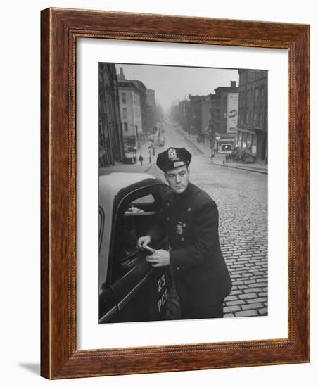 Ny Patrolman James Murphy Standing by His 23 Precinct Squad Car on Street of His East Harlem Beat-Tony Linck-Framed Photographic Print