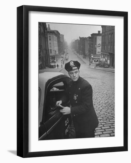 Ny Patrolman James Murphy Standing by His 23 Precinct Squad Car on Street of His East Harlem Beat-Tony Linck-Framed Photographic Print