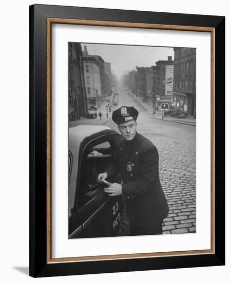 Ny Patrolman James Murphy Standing by His 23 Precinct Squad Car on Street of His East Harlem Beat-Tony Linck-Framed Photographic Print