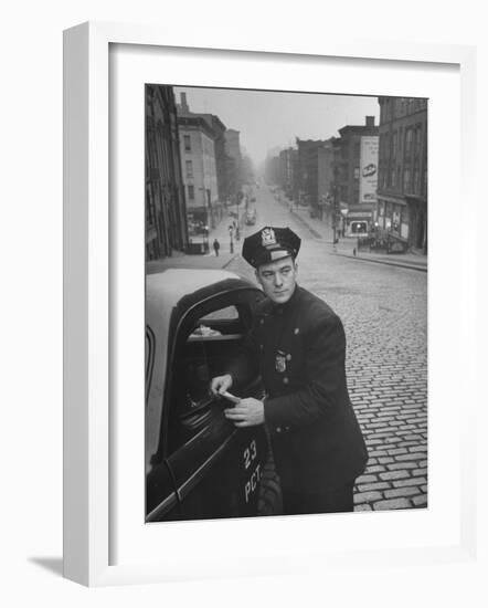 Ny Patrolman James Murphy Standing by His 23 Precinct Squad Car on Street of His East Harlem Beat-Tony Linck-Framed Photographic Print