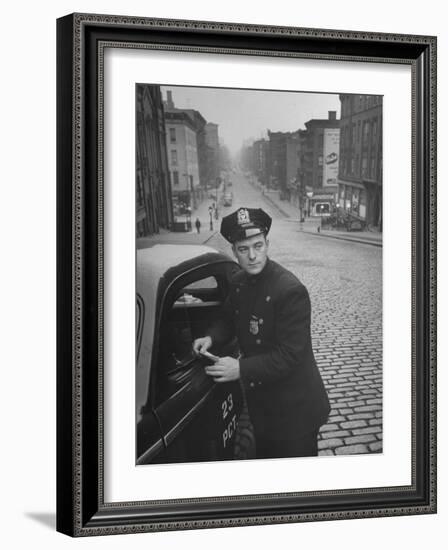 Ny Patrolman James Murphy Standing by His 23 Precinct Squad Car on Street of His East Harlem Beat-Tony Linck-Framed Photographic Print