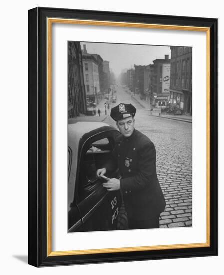 Ny Patrolman James Murphy Standing by His 23 Precinct Squad Car on Street of His East Harlem Beat-Tony Linck-Framed Photographic Print