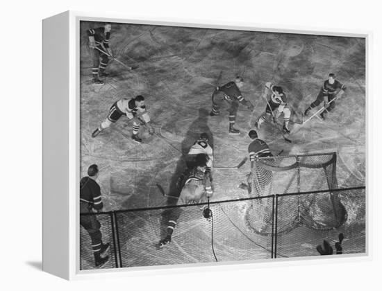 NY Rangers' Goal is Characteristic of Chicago Black Hawks Style of Attack in Ice Hockey Game-Frank Scherschel-Framed Premier Image Canvas