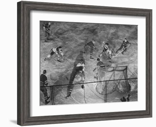 NY Rangers' Goal is Characteristic of Chicago Black Hawks Style of Attack in Ice Hockey Game-Frank Scherschel-Framed Premium Photographic Print